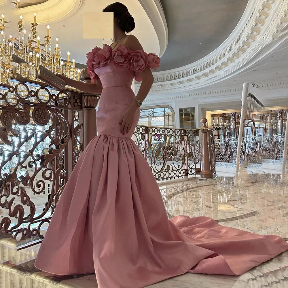 Arabic Pink Mermaid Satin Strapless Luxury Dubai Beaded Evening Dresses Gowns 2025 For Women Wedding Party LA72250