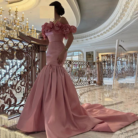 Robe de soirée sirène rose arabe en satin sans bretelles, luxueuse robe de soirée perlée de Dubaï, pour femmes, fête de mariage, LA72250, 2025 