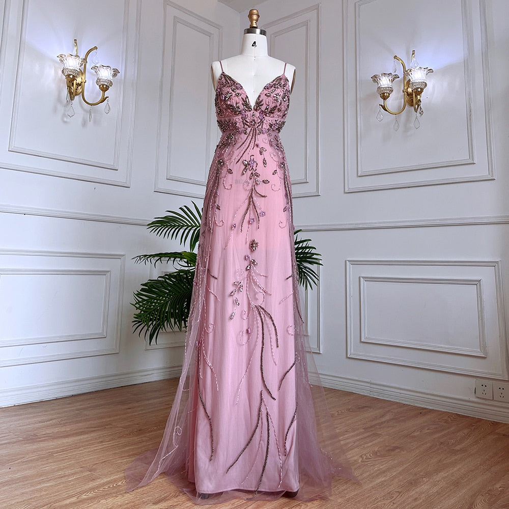 Arabic Pink Mermaid Sexy Spaghetti Straps Beaded Long Evening Dresses Gowns 2025 For Women Wedding Party LA71963