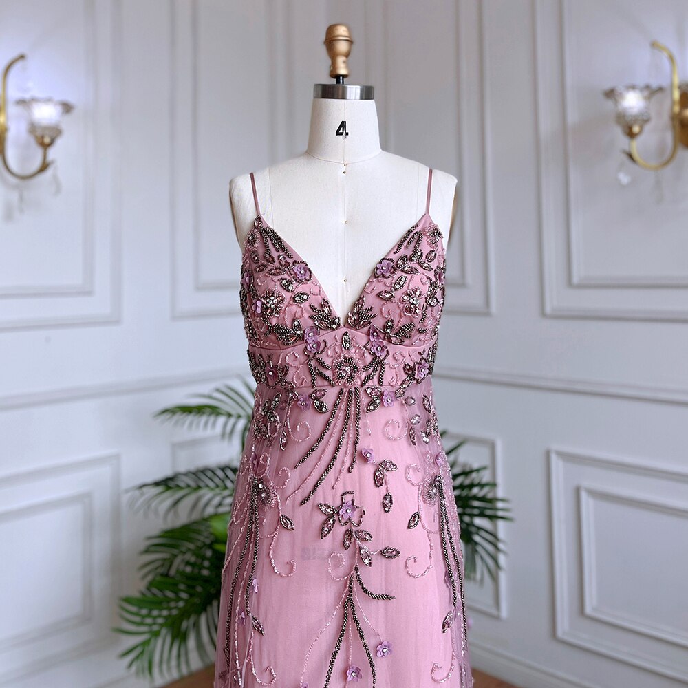 Arabic Pink Mermaid Sexy Spaghetti Straps Beaded Long Evening Dresses Gowns 2025 For Women Wedding Party LA71963