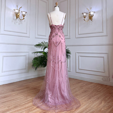 Robe de soirée longue style sirène rose, sexy, bretelles spaghetti, perles, pour femme, tenue de mariage, LA71963, 2025 
