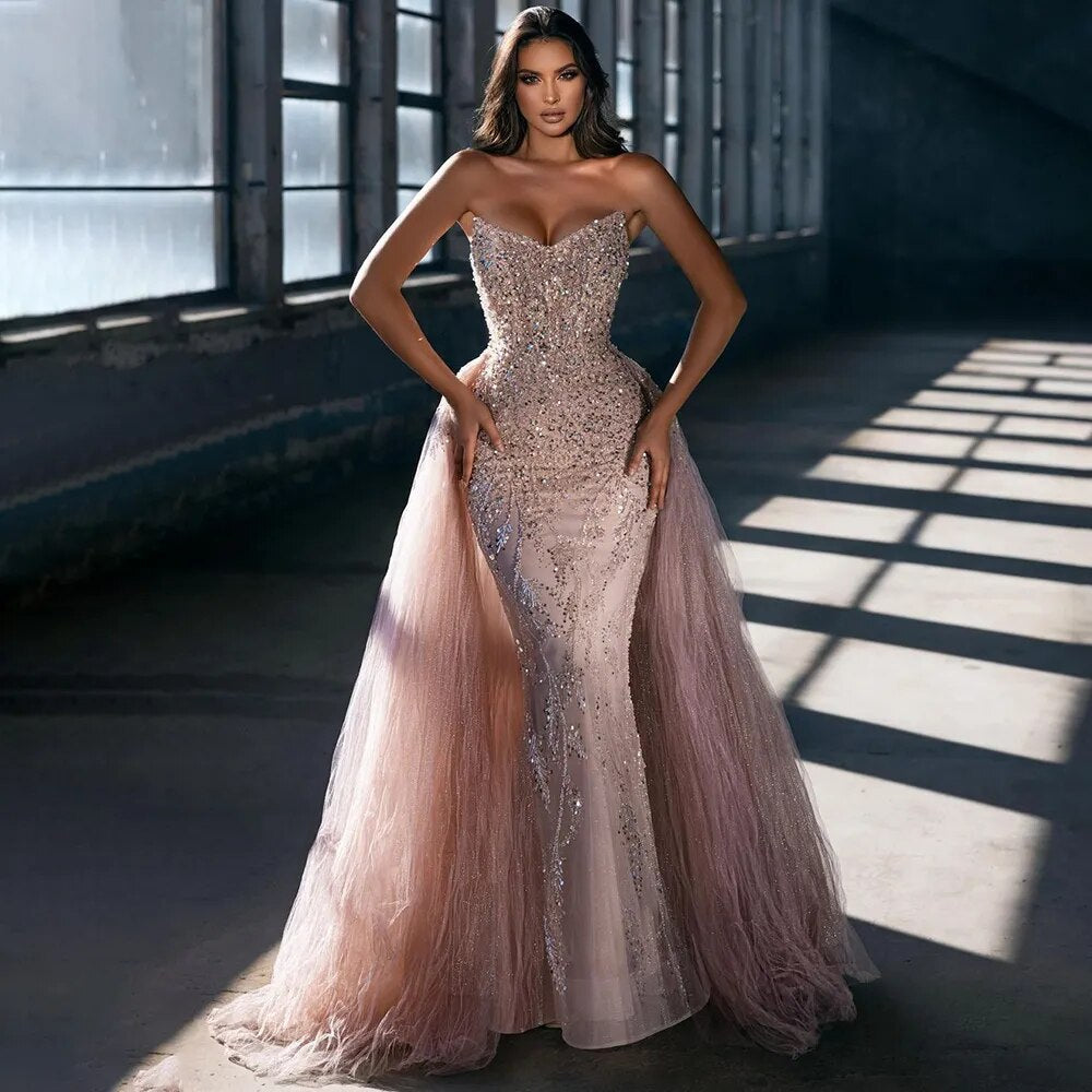 Arabic Pink Mermaid Sexy Strapless Beaded Dubai Luxury Evening Dresses Gowns For Women Wedding Party 2025 LA72201