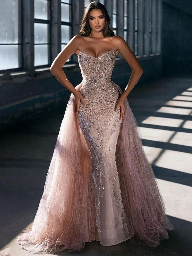 Arabic Pink Mermaid Sexy Strapless Beaded Dubai Luxury Evening Dresses Gowns For Women Wedding Party 2025 LA72201