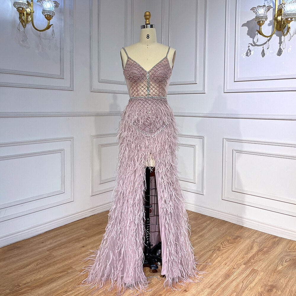 Arabic Pink Mermaid Split Feathers Beaded Formal Sexy Prom Dress For Women Wedding Party 2025 LA71827
