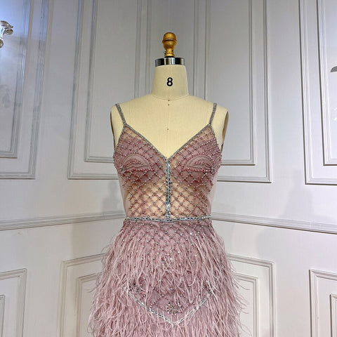 Robe de bal sirène rose arabe fendue, plumes et perles, tenue de soirée sexy pour femmes, mariage, 2025, LA71827 