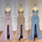 Arabic Pink Mermaid Split Feathers Beaded Formal Sexy Prom Dress For Women Wedding Party 2025 LA71827