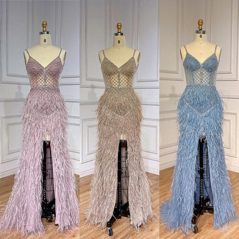 Robe de bal sirène rose arabe fendue, plumes et perles, tenue de soirée sexy pour femmes, mariage, 2025, LA71827 
