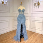 Arabic Pink Mermaid Split Feathers Beaded Formal Sexy Prom Dress For Women Wedding Party 2025 LA71827
