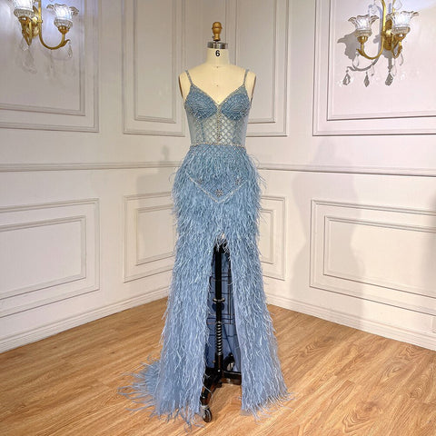 Robe de bal sirène rose arabe fendue, plumes et perles, tenue de soirée sexy pour femmes, mariage, 2025, LA71827 