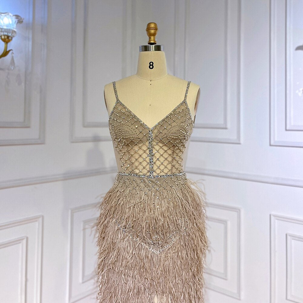 Arabic Pink Mermaid Split Feathers Beaded Formal Sexy Prom Dress For Women Wedding Party 2025 LA71827