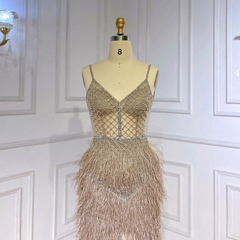 Robe de bal sirène rose arabe fendue, plumes et perles, tenue de soirée sexy pour femmes, mariage, 2025, LA71827 