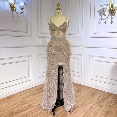 Robe de bal sirène rose arabe fendue, plumes et perles, tenue de soirée sexy pour femmes, mariage, 2025, LA71827 