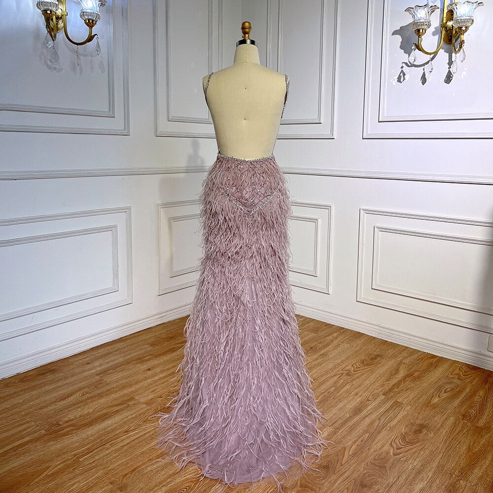 Arabic Pink Mermaid Split Feathers Beaded Formal Sexy Prom Dress For Women Wedding Party 2025 LA71827