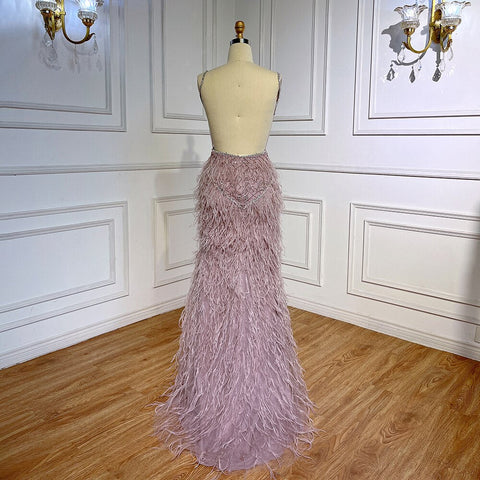 Robe de bal sirène rose arabe fendue, plumes et perles, tenue de soirée sexy pour femmes, mariage, 2025, LA71827 