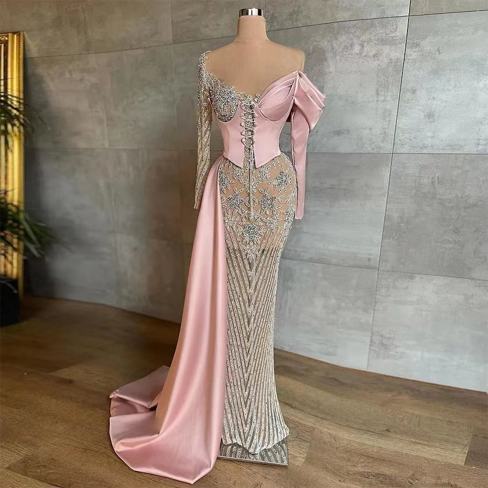 Arabic Pink Satin Mermaid Elegant With Overskirt Beaded Evening Dresses Gowns 2025 For Women Wedding Party LA71946
