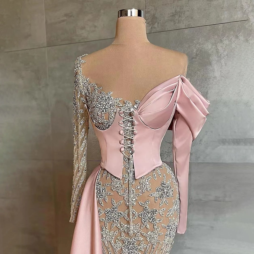 Arabic Pink Satin Mermaid Elegant With Overskirt Beaded Evening Dresses Gowns 2025 For Women Wedding Party LA71946