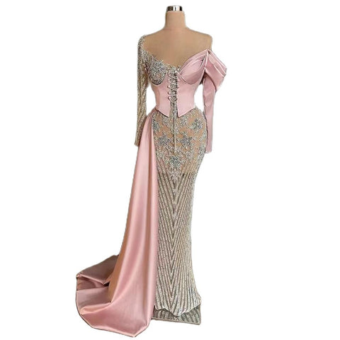 Arabic Pink Satin Mermaid Elegant With Overskirt Beaded Evening Dresses Gowns 2025 For Women Wedding Party LA71946