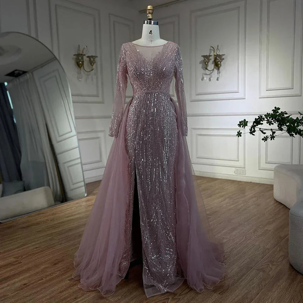 Arabic Pink With Overskirt Mermaid Beaded Evening Dresses Luxury Gowns 2025 for Women's Wedding Party 2025 LA72584
