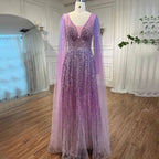 Arabic Purple A Line Cape Sleeves V Neck Beaded Long Evening Dresses Gowns For Women Wedding Party 2025 LA72143