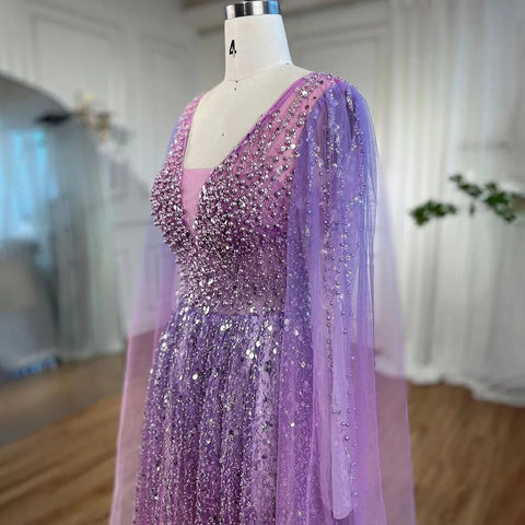 Robe de soirée longue violette style arabe, coupe trapèze, manches cape, col en V, perles, pour femme, fête de mariage, 2025, LA72143 