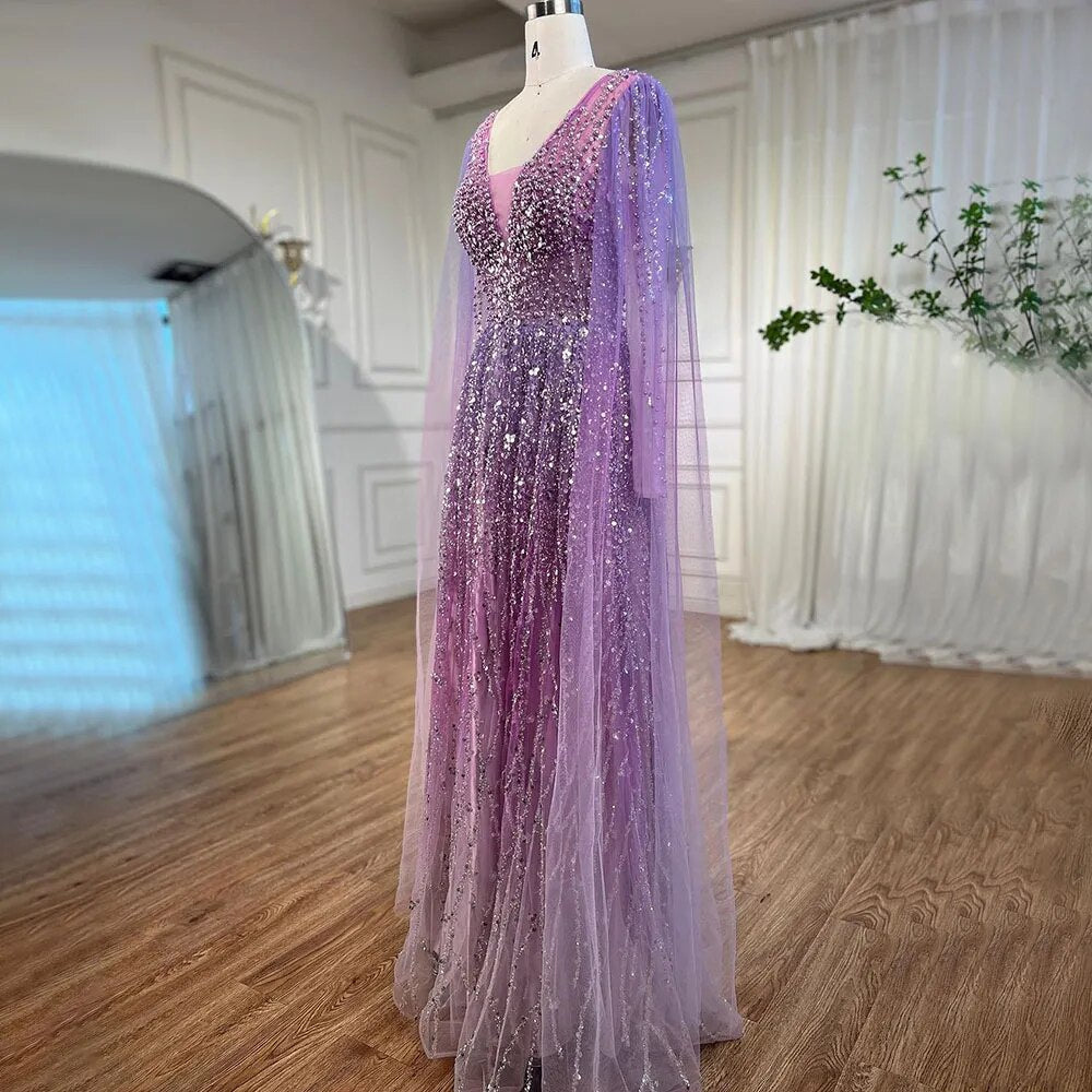 Arabic Purple A Line Cape Sleeves V Neck Beaded Long Evening Dresses Gowns For Women Wedding Party 2025 LA72143