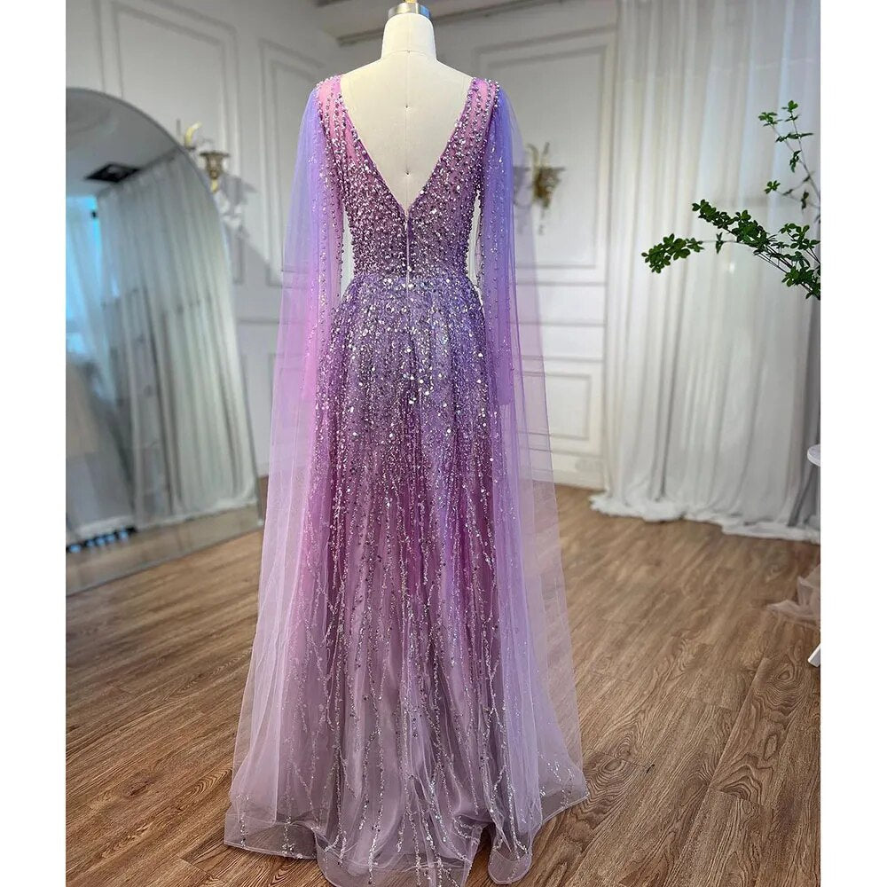 Arabic Purple A Line Cape Sleeves V Neck Beaded Long Evening Dresses Gowns For Women Wedding Party 2025 LA72143