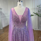 Arabic Purple A Line Cape Sleeves V Neck Beaded Long Evening Dresses Gowns For Women Wedding Party 2025 LA72143