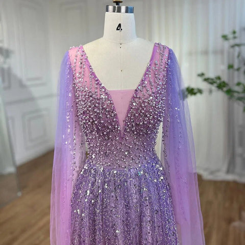 Robe de soirée longue violette style arabe, coupe trapèze, manches cape, col en V, perles, pour femme, fête de mariage, 2025, LA72143 