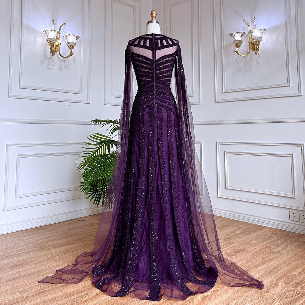 Arabic Purple Elegant Mermaid Cape Sleeves Lace Beaded Evening Dresses Gowns 2025 For Women Wedding Party LA71926