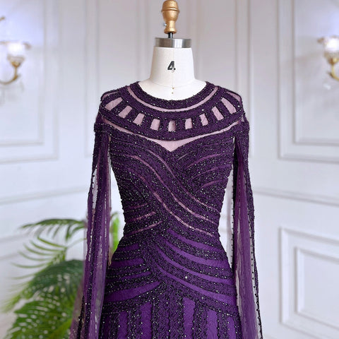 Robe de soirée élégante style sirène, violet, manches cape, dentelle et perles, style arabe, pour femmes, fête de mariage, LA71926, 2025 