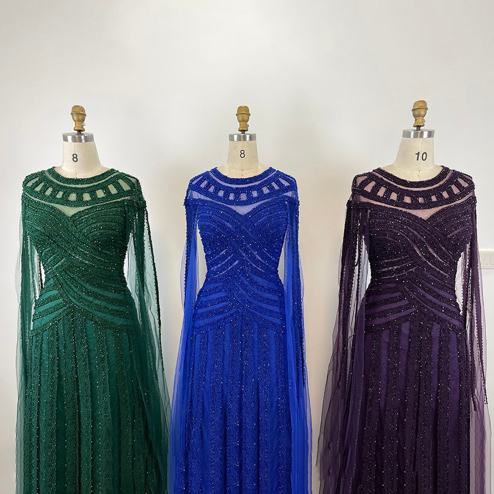 Robe de soirée élégante style sirène, violet, manches cape, dentelle et perles, style arabe, pour femmes, fête de mariage, LA71926, 2025 
