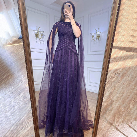 Robe de soirée élégante style sirène, violet, manches cape, dentelle et perles, style arabe, pour femmes, fête de mariage, LA71926, 2025 