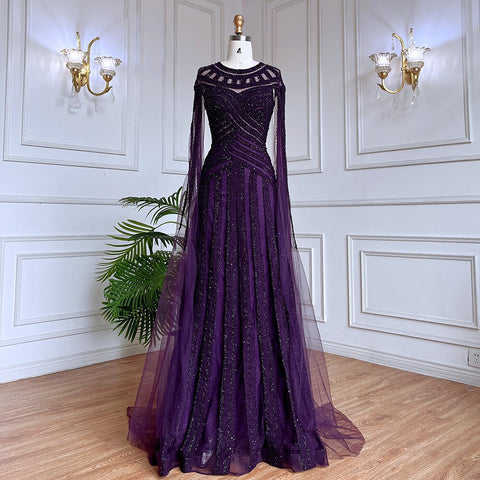 Robe de soirée élégante style sirène, violet, manches cape, dentelle et perles, style arabe, pour femmes, fête de mariage, LA71926, 2025 
