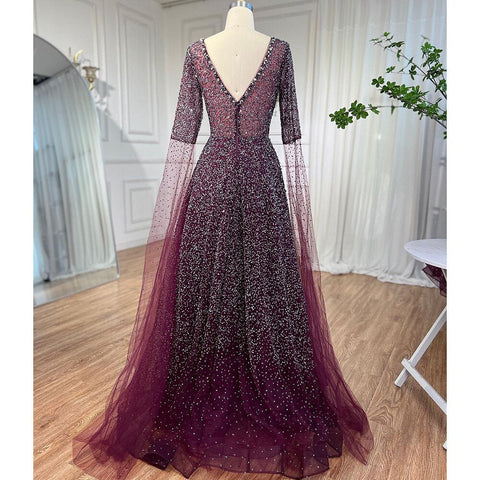 Robe de soirée arabe violette à col en V et manches cape, avec perles, pour femme, tenue de mariage, 2025, LA72146 