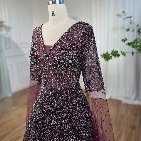 Robe de soirée arabe violette à col en V et manches cape, avec perles, pour femme, tenue de mariage, 2025, LA72146 