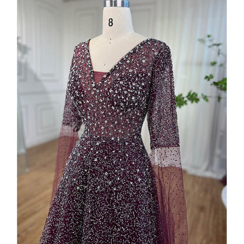 Robe de soirée arabe violette à col en V et manches cape, avec perles, pour femme, tenue de mariage, 2025, LA72146 