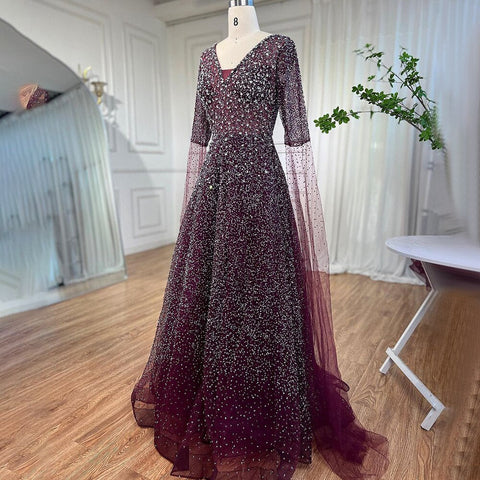 Robe de soirée arabe violette à col en V et manches cape, avec perles, pour femme, tenue de mariage, 2025, LA72146 