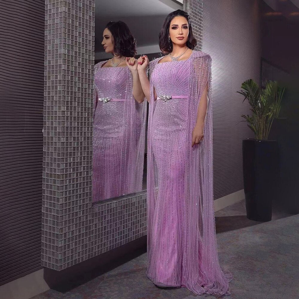 Robe de soirée longue style sirène violette, manches cape, perles, luxueuse, Dubaï, pour femme, 2025, LA71009 