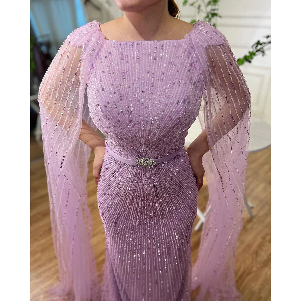 Robe de soirée longue style sirène arabe violette, manches cape, perles, luxueuse, Dubaï, pour femmes, 2025, LA71909