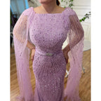 Robe de soirée longue style sirène arabe violette, manches cape, perles, luxueuse, Dubaï, pour femmes, 2025, LA71909