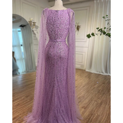 Robe de soirée longue style sirène arabe violette, manches cape, perles, luxueuse, Dubaï, pour femmes, 2025, LA71909