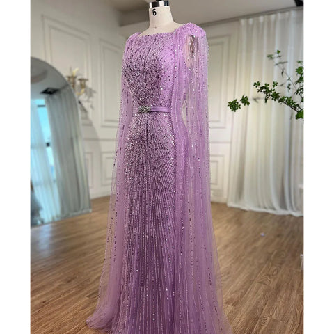 Robe de soirée longue style sirène arabe violette, manches cape, perles, luxueuse, Dubaï, pour femmes, 2025, LA71909