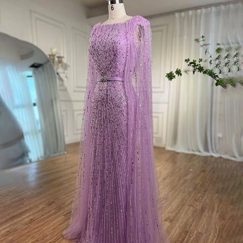 Robe de soirée longue style sirène arabe violette, manches cape, perles, luxueuse, Dubaï, pour femmes, 2025, LA71909