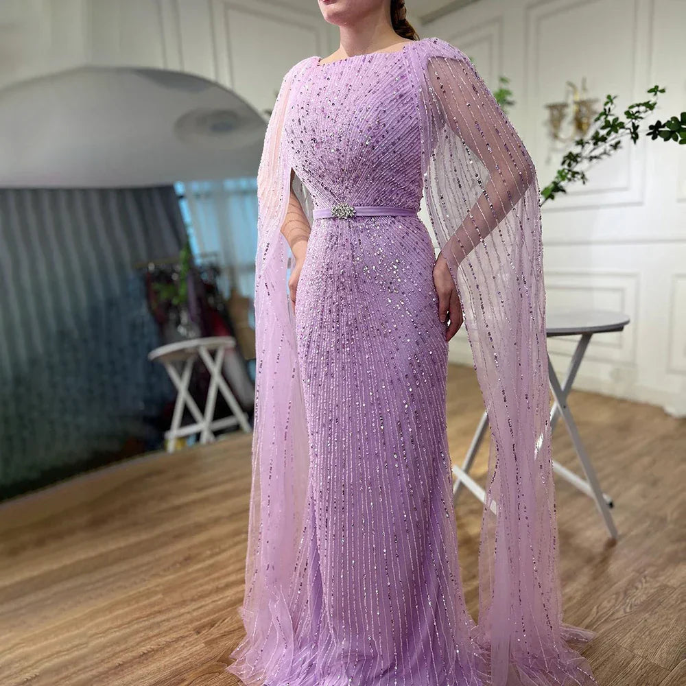 Robe de soirée longue style sirène arabe violette, manches cape, perles, luxueuse, Dubaï, pour femmes, 2025, LA71909