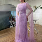 Robe de soirée longue style sirène arabe violette, manches cape, perles, luxueuse, Dubaï, pour femmes, 2025, LA71909