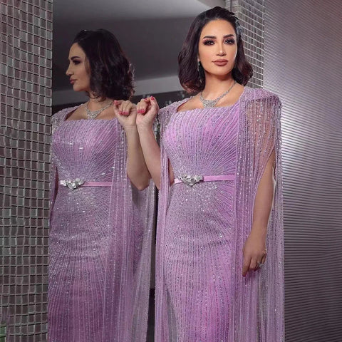 Robe de soirée longue style sirène arabe violette, manches cape, perles, luxueuse, Dubaï, pour femmes, 2025, LA71909