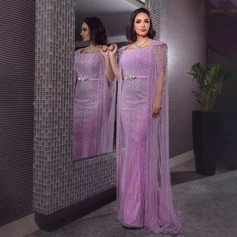 Robe de soirée longue style sirène arabe violette, manches cape, perles, luxueuse, Dubaï, pour femmes, 2025, LA71909
