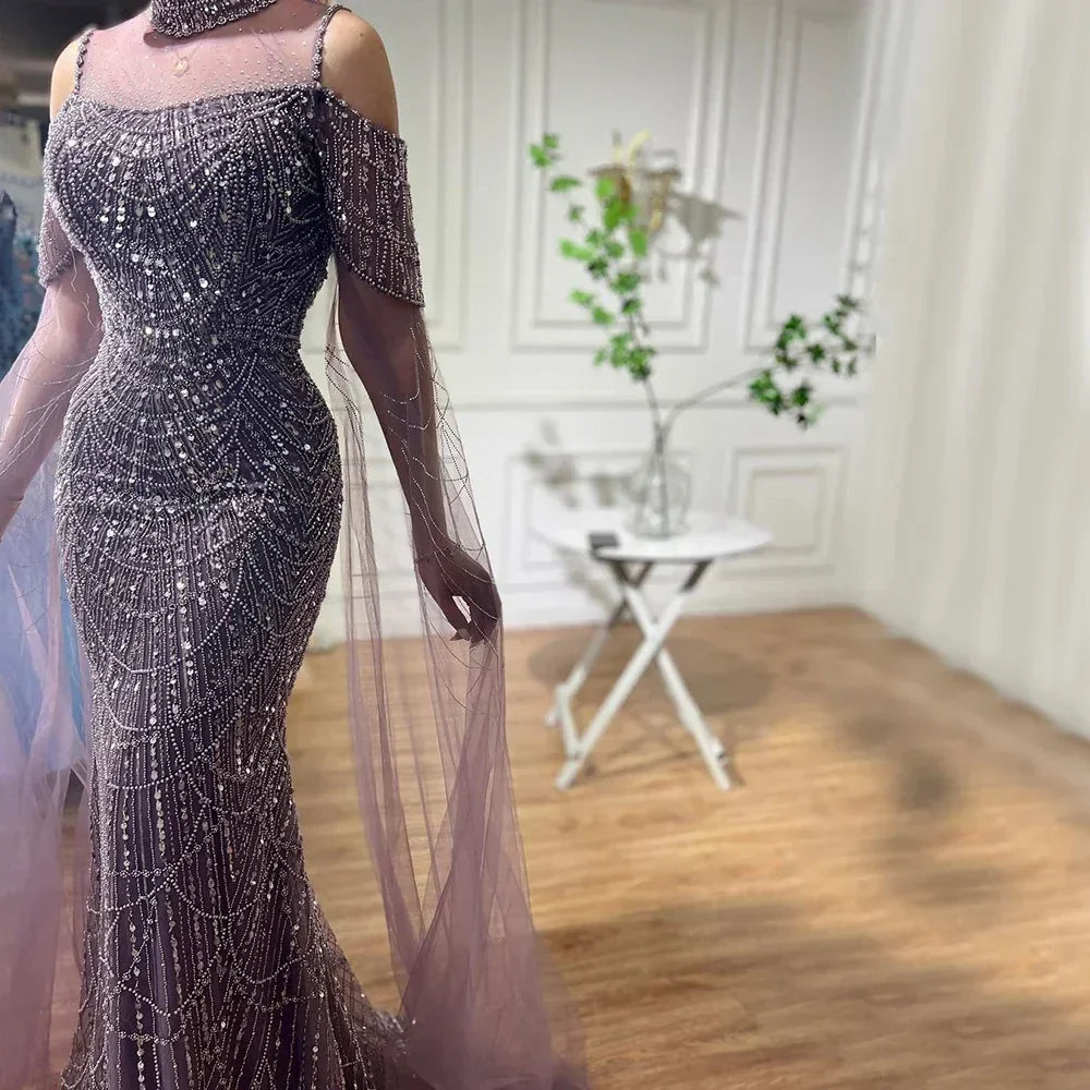 Arabic Purple Mermaid Cape Sleeves Beaded Luxury Long Evening Dresses Gowns 2025 For Woman Wedding Party LA71992
