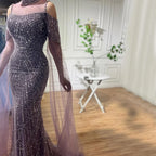 Arabic Purple Mermaid Cape Sleeves Beaded Luxury Long Evening Dresses Gowns 2025 For Woman Wedding Party LA71992