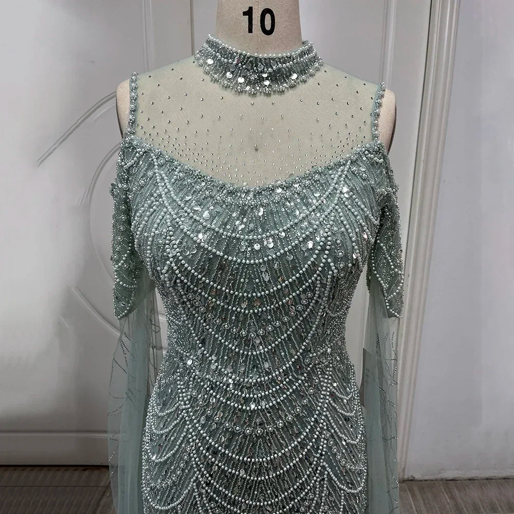 Arabic Purple Mermaid Cape Sleeves Beaded Luxury Long Evening Dresses Gowns 2025 For Woman Wedding Party LA71992